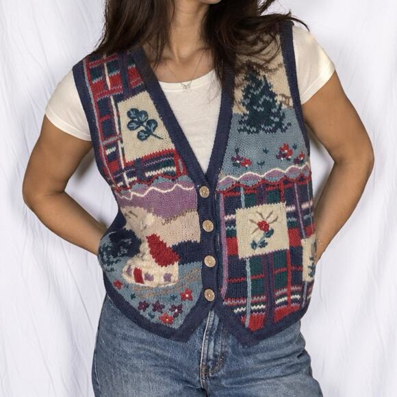 Christopher & Banks Sweaters - Vintage 90s Christopher & Banks Hand Embroidered Patchwork Knit Sweater Vest M